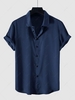 Solid Color Short Sleeves Button Up Party Satin Shirt Xxl Deep blue