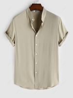 Solid Color Short Sleeves Stand Collar Shirt S Champagne