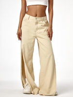 Solid Color Side Slit Wide Leg Pants L Light coffee