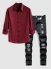 Solid Color Silky Satin Shirt and Destroyed Straight Leg Zipper Fly Jeans Set Deep red
