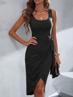 Solid Color Sleeveless Wrap Dress M Black