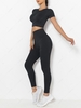 Solid Color Sports Crop Top and Wideband Waist Leggings M Black