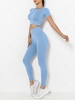 Solid Color Sports Crop Top and Wideband Waist Leggings M Light blue