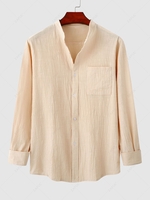 Solid Color Stand Collar Long Sleeves Shirt L Light khaki