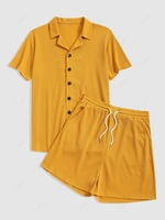 Solid Color Textured Shirt and Drawstring Shorts Set L Deep yellow