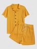Solid Color Textured Shirt and Drawstring Shorts Set M Deep yellow