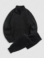 Solid Color Thermal Fleece-lined Sweatshirt and Casual Sweatpants Set Black