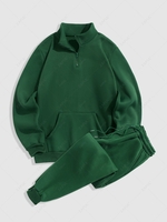 Solid Color Thermal Fleece-lined Sweatshirt and Casual Sweatpants Set Deep green