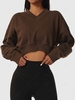 Solid Color V Neck Sports Sweatshirt L Deep coffee