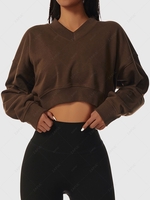Solid Color V Neck Sports Sweatshirt M Deep coffee