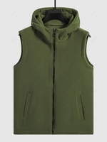Solid Color Zip Fly Fleece Hooded Vest Jacket L Camouflage green