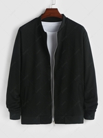 Solid Color Zip Up Stand Collar Sweat Jacket M Black