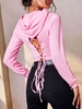 Solid Cropped Lace Up Back Hoodie L Light pink