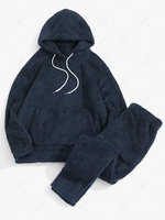Solid Front Pocket Fluffy Fleece Hoodie And Pants Two Piece Set 2xl Dark slate blue