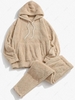 Solid Front Pocket Fluffy Fleece Hoodie And Pants Two Piece Set 2xl Light coffee