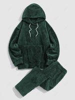 Solid Front Pocket Fluffy Fleece Hoodie And Pants Two Piece Set L Deep green