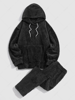 Solid Front Pocket Fluffy Fleece Hoodie And Pants Two Piece Set M Black