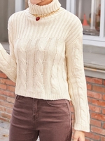 Solid Funnel Neck Cable Knit Sweater White