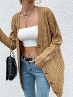 Solid Long Button Up Cable Knit Cardigan M Light coffee