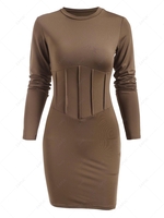Solid Long Sleeve Pintuck Slinky Dress M Coffee