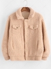 Solid Mock Flap Pocket Teddy Fleece Fluffy Jacket 2xl Light coffee