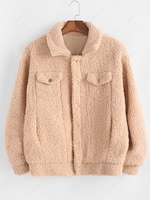 Solid Mock Flap Pocket Teddy Fleece Fluffy Jacket 2xl Light coffee