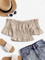 Solid Off Shoulder Smocked Beach Top Light coffee