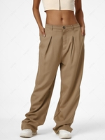 Solid Pleated Straight Pants L Coffee