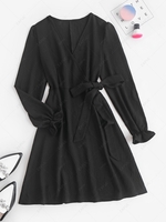 Solid Poet Sleeve Wrap Mini Dress S Black