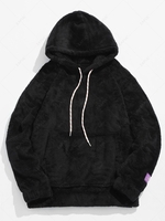 Solid Pouch Pocket Fleece Fluffy Hoodie S Black