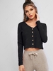Solid Ribbed Button Up Cardigan S Black