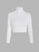 Solid Ribbed Knit High Neck Cropped Tee S White
