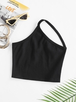 Solid Ribbed One Shoulder Crop Top L Black