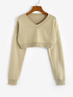 Solid V Neck Cropped Sweater L Light coffee