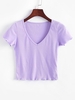 Solid V Neck Ribbed Tee M Purple