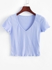 Solid V Neck Ribbed Tee S Light blue
