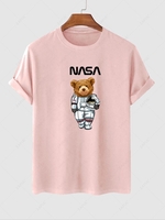Spaceman Bear Pattern Funny T-shirt L Light pink