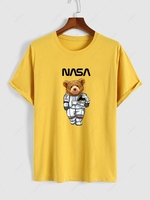 Spaceman Bear Pattern Funny T-shirt L Yellow