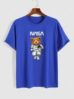 Spaceman Bear Pattern Funny T-shirt S Blue