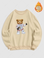 Spaceman Cartoon Bear Fleece Thermal Lined Pullover Sweatshirt L Light coffee