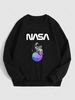Spaceman Graphic Fleece Thermal Lined Pullover Sweatshirt M Black