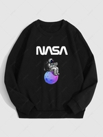 Spaceman Graphic Fleece Thermal Lined Pullover Sweatshirt S Black