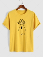 Spaceship and Alien Print Casual Short Sleeve T Shirt Xl Yellow