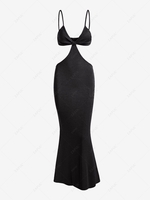 Spaghetti Strap Cutout Knit Maxi Mermaid Dress L Black