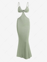 Spaghetti Strap Cutout Knit Maxi Mermaid Dress L Green