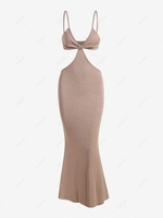 Spaghetti Strap Cutout Knit Maxi Mermaid Dress L Light coffee