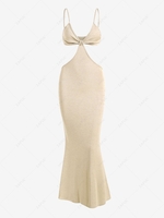 Spaghetti Strap Cutout Knit Maxi Mermaid Dress S Light yellow