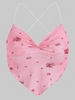Spaghetti Strap Floral Mesh Ruched Cropped Napkin Top L Light pink