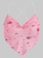 Spaghetti Strap Floral Mesh Ruched Cropped Napkin Top M Light pink