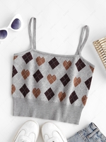Spaghetti Strap Heart Argyle Graphic Knitted Top M Light gray